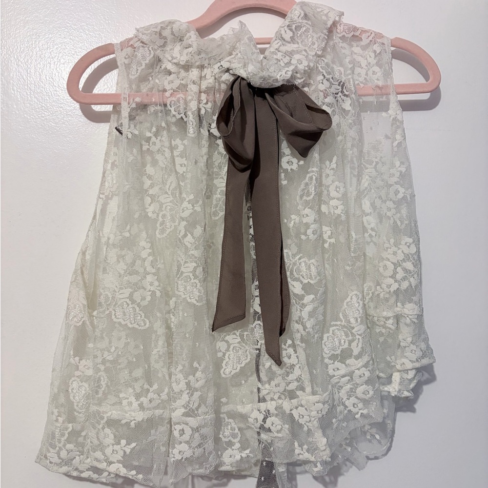 Free People Lace Bow Sleeveless Top — Cream with brown Bow
